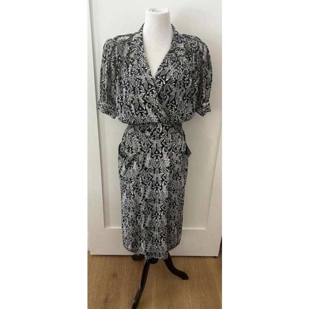 1980's Vintage 100% Silk Dress Navy Batik Powerful Romantic Classic Flattering